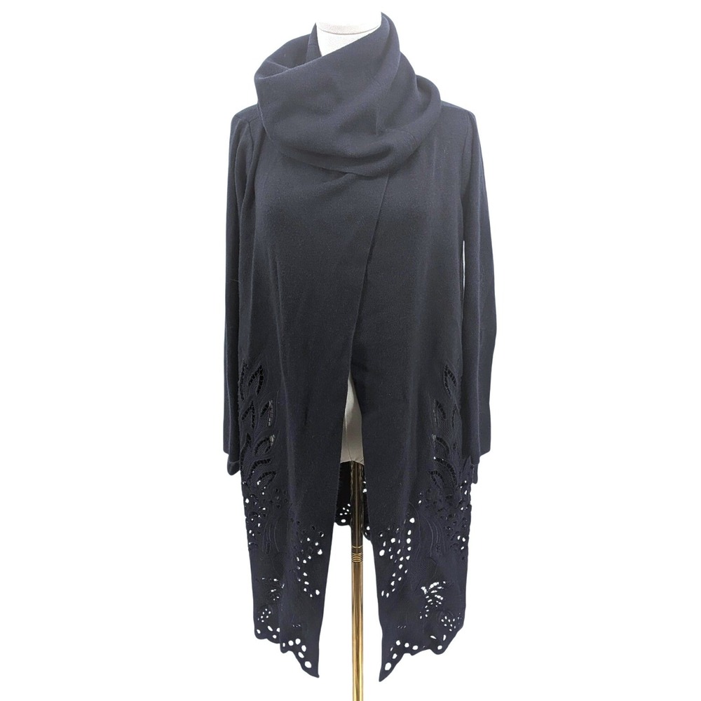 Navy Cutwork Open Front Cardigan Long Cowl Neck Duster Boho Estimated M/L